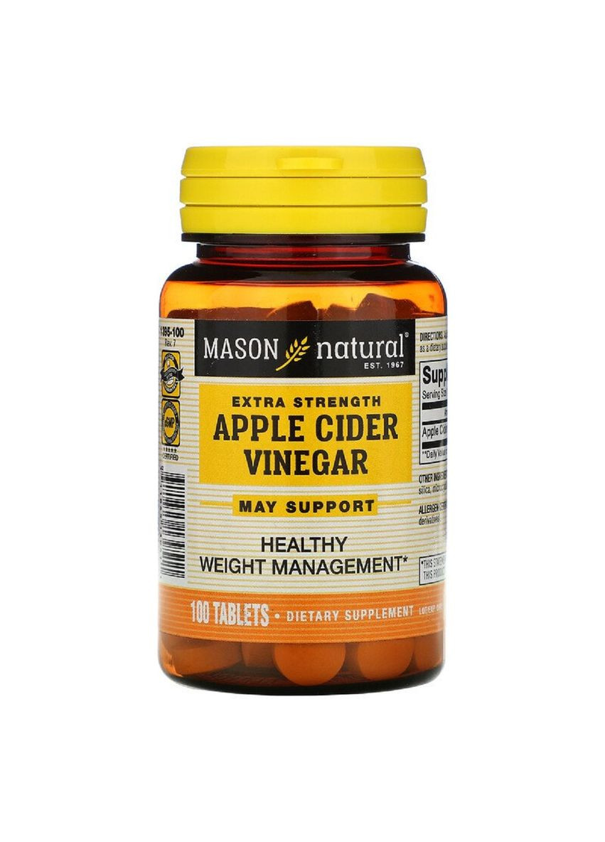 Яблочный уксус, Extra Strength Apple Cider Vinegar,, 100 таблеток Mason Natural (326054753)