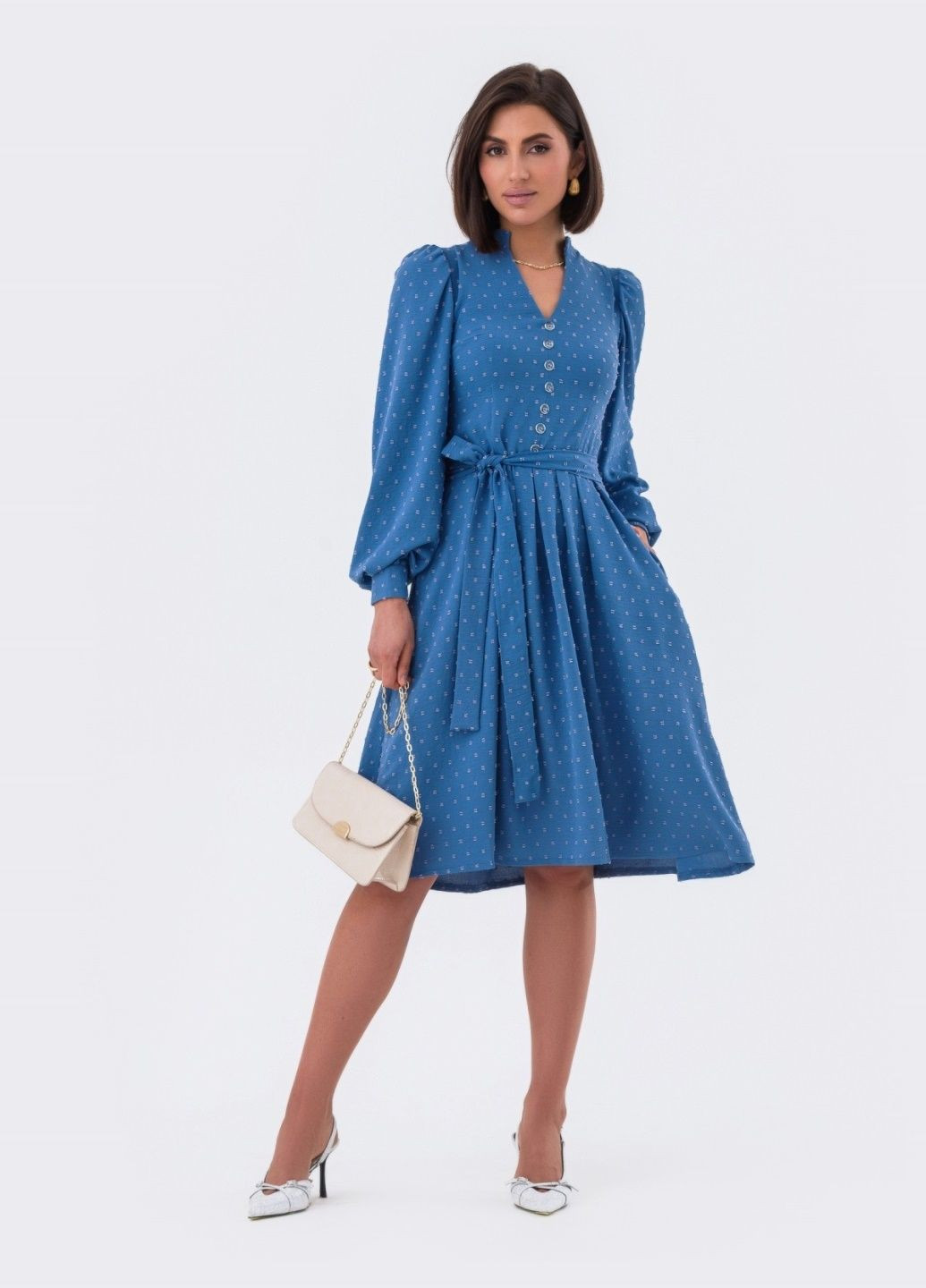 Голубое платье-клёш голубого цвета с декоративными пуговицами Dressa