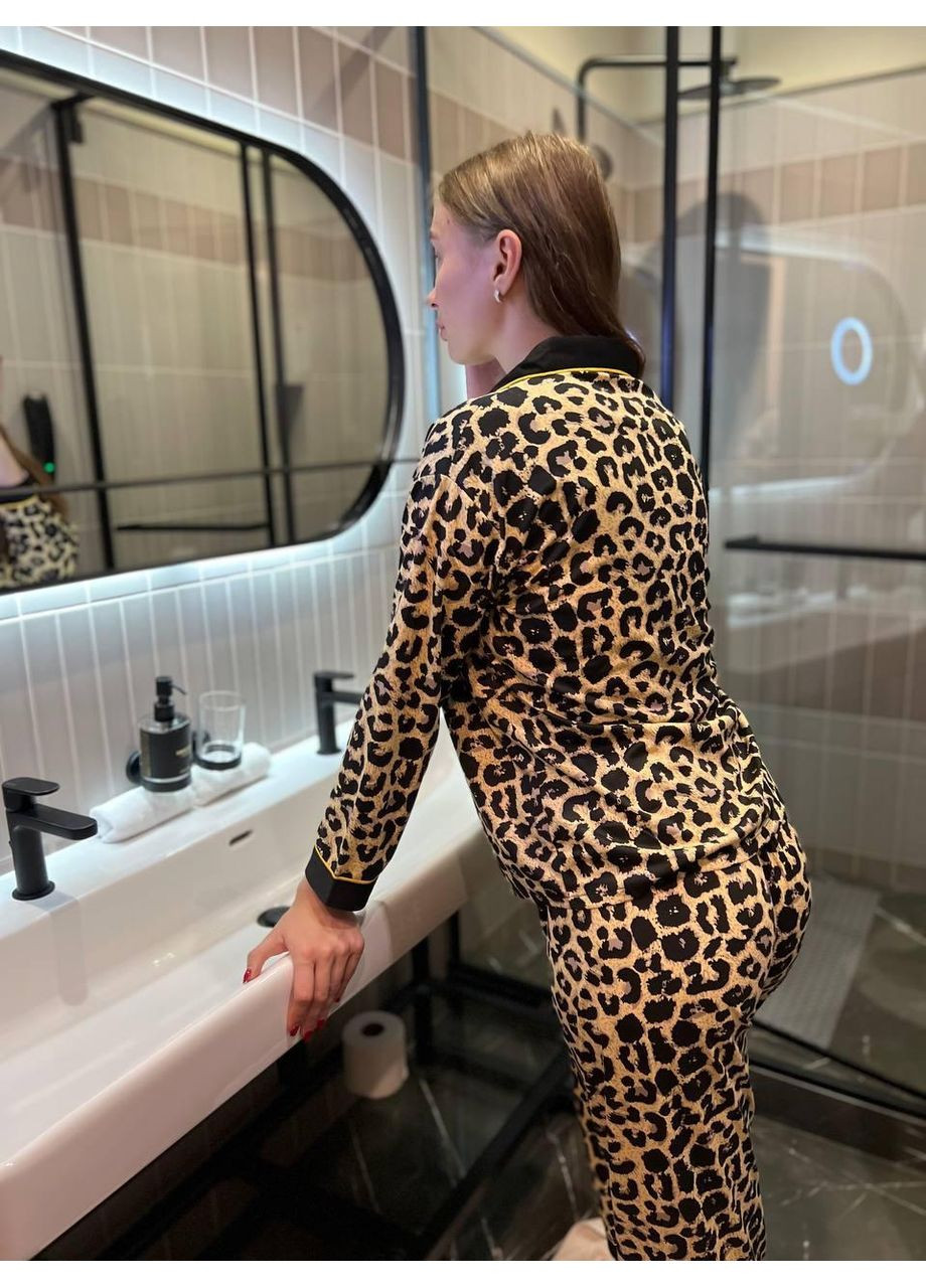 Комбинированная женская пижама леопардовая из полированного коттона на трикотажной основе / пижама женская с леопардовым принтом полированный котон No Brand