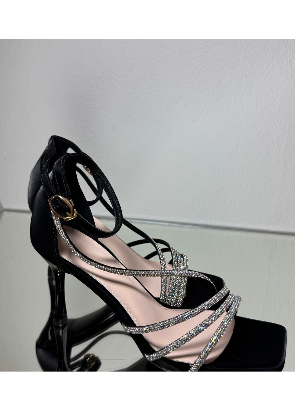 Черные женские босоножки праздничные с камнями ткань (оксамит) 8 см No Brand со стразами