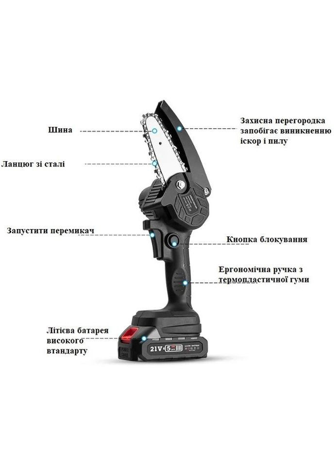 Акумуляторна ланцюгова міні-пила 4 дюйми 24V-К-1 для обрізки дерев чорна (1867029338) No Brand (330243107)