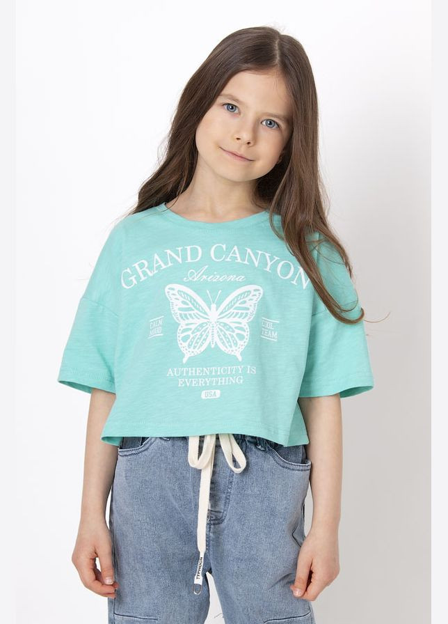 Мятная летняя футболка для девочки (бантик) Mevis