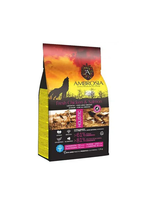 Grain Free - Сухий беззерновий корм з куркою та свіжим лососем для цуценят великих порід - 2 кг Ambrosia (369624977)