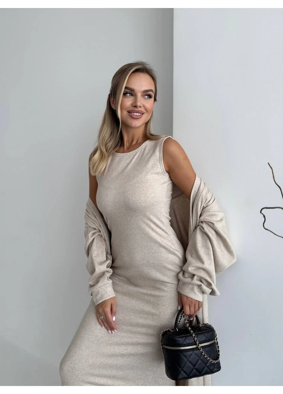 Жіночий теплий костюм кардиган+сукня бежевого кольору 34893 Fashion (362211328)