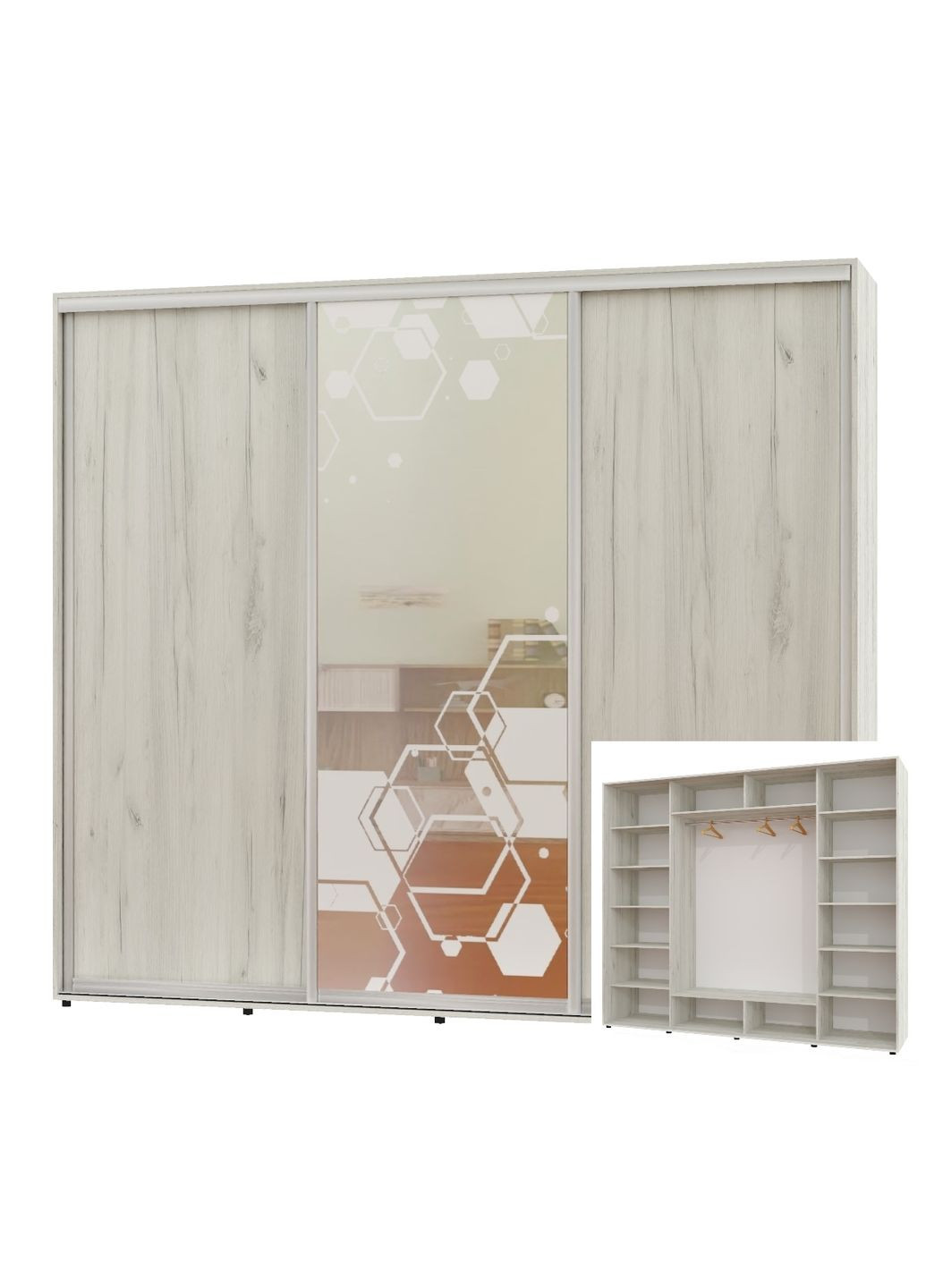 Шафа-купе тридверна 270*60*220 Дуб крафт білий 2 ДСП/Дзеркало з піскострумним малюнком ШК-05 Алекса (360477102)