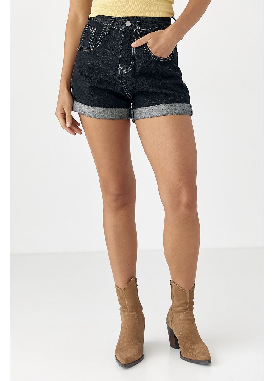 Женские джинсовые подкатанные шорты - черный цвет Lurex (353306177)