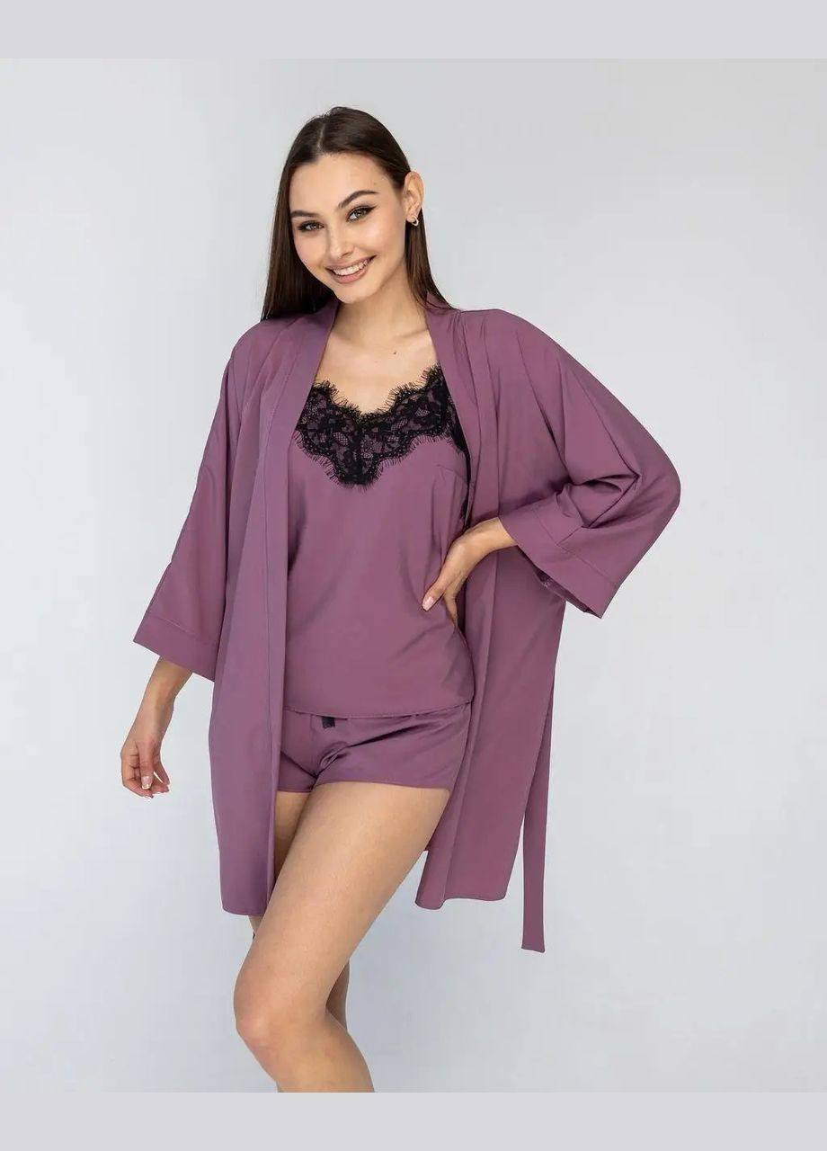 Лиловый демисезонный комплект пижама женская с кружевом 3в1 халат и пижама с майкой, шортами Україна