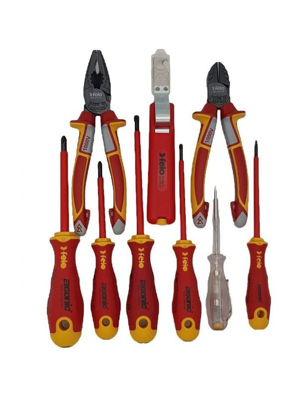 Набір діелектричних викруток Ergonic 3,5/4,0/5,5/PH1/PH2/PZ2/тестер з діелектричними пасатижами, бокорізами, ноже (11126) Felo (298574230)