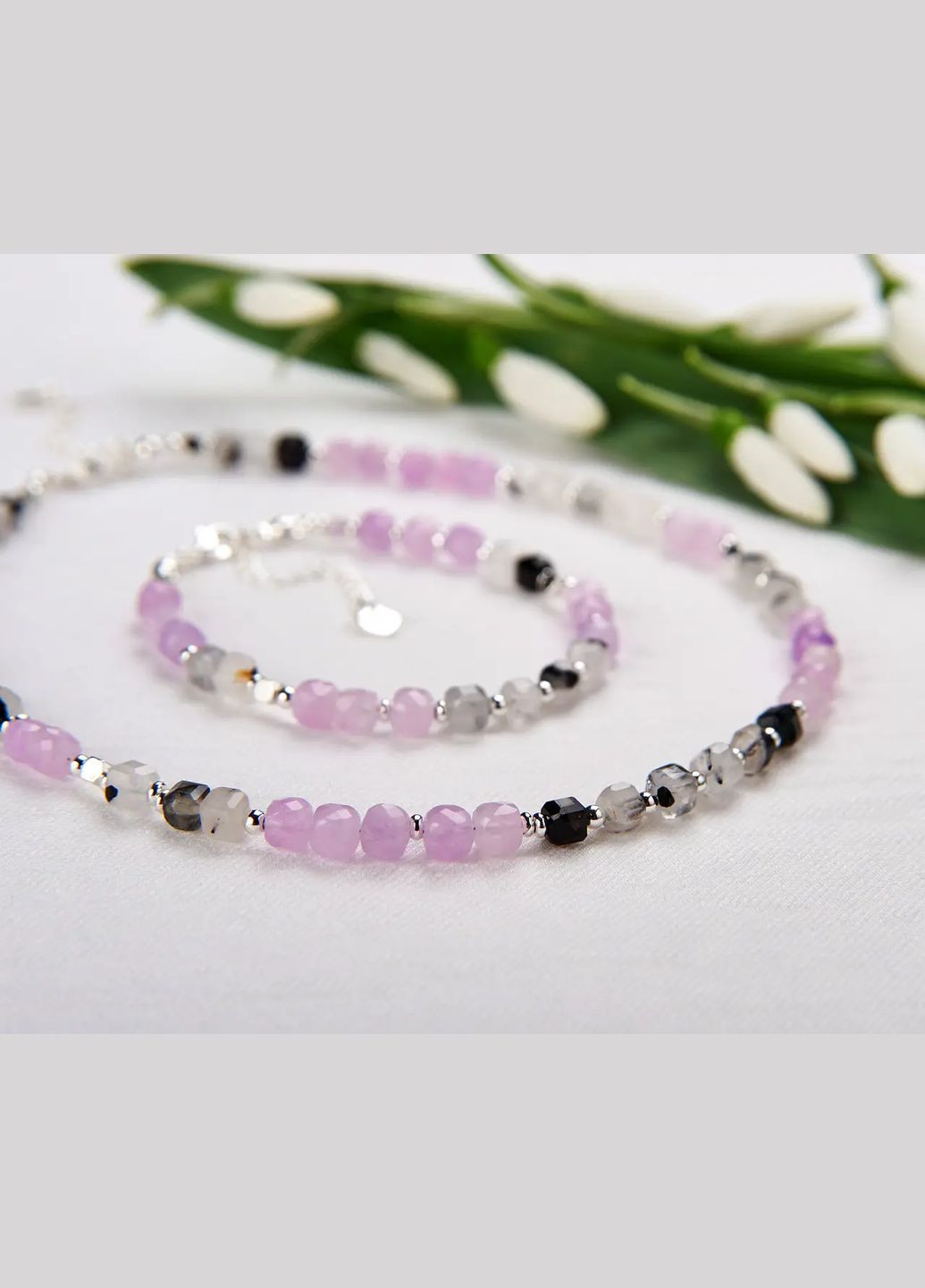 Комплект натуральний Аметист Лавандовий та Рутиловий Кварц, фур-ра гіп-ний сплав колір срібло d-5мм+- No Brand Чокер+Браслет (323654075)