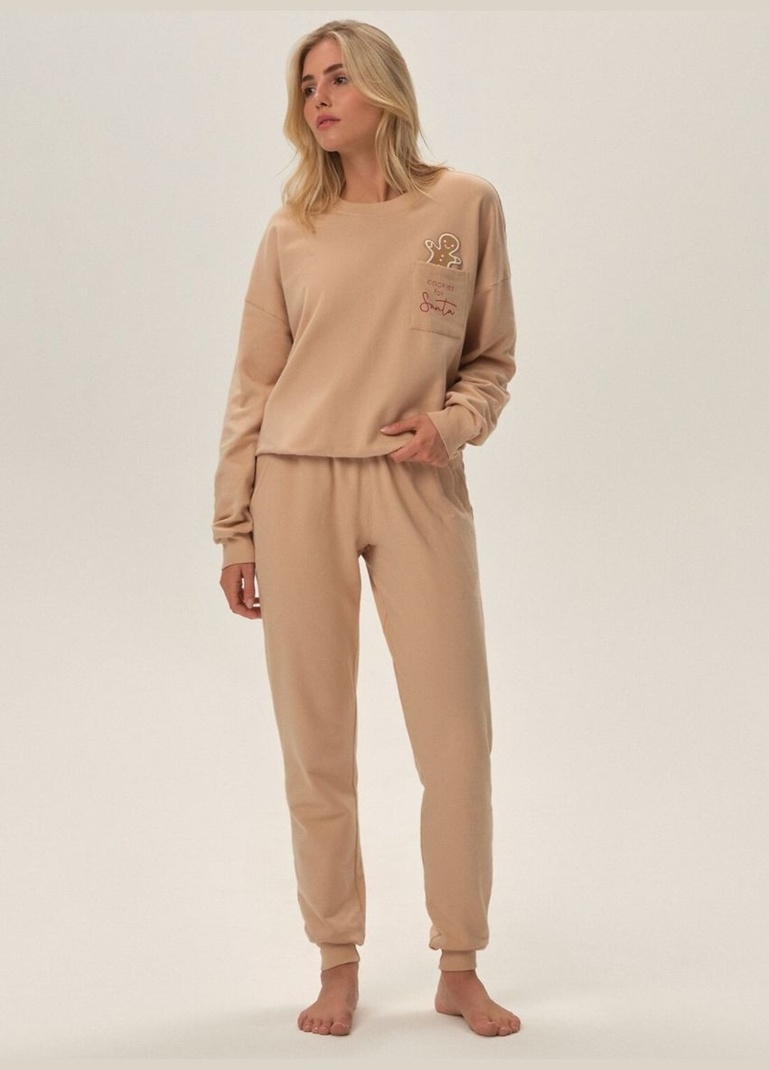 Бежевая зимняя женская пижама кофта + брюки Henderson