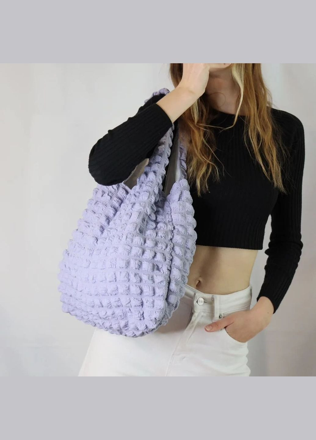 Сумка шопер лавандовый текстурный в кубик в стиле винтаж ретро объемная маршмелоу мягкая cozy casual coquette No Brand (306442737)