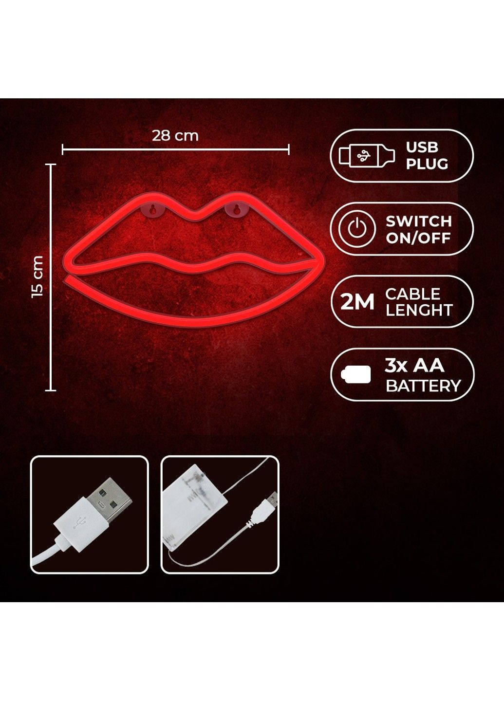 Настінний неоновий світильник "Губи" червоний на батарейках/USB 28*15см Smarti (371330771)