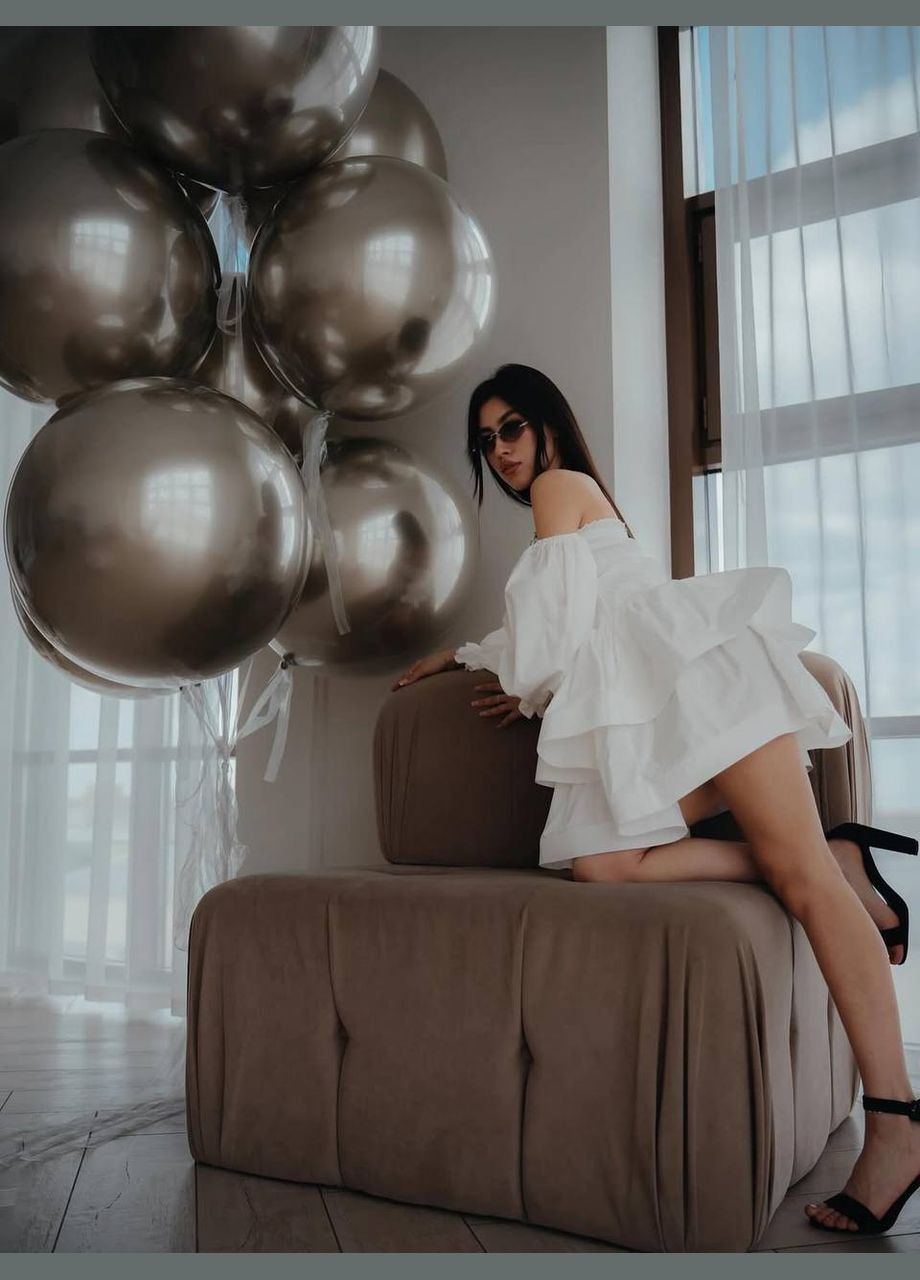 Білий святковий жіноча міні-сукня з відкритими плечима, об'ємними рукавами та пишною спідницею з відкритими плечима MonCher