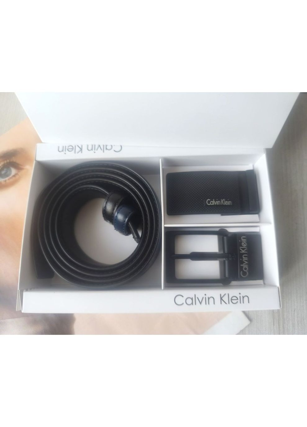 Мужской кожаный подарочный набор двухсторонний ремень black/blue с двумя пряжками. No Brand (368643299)