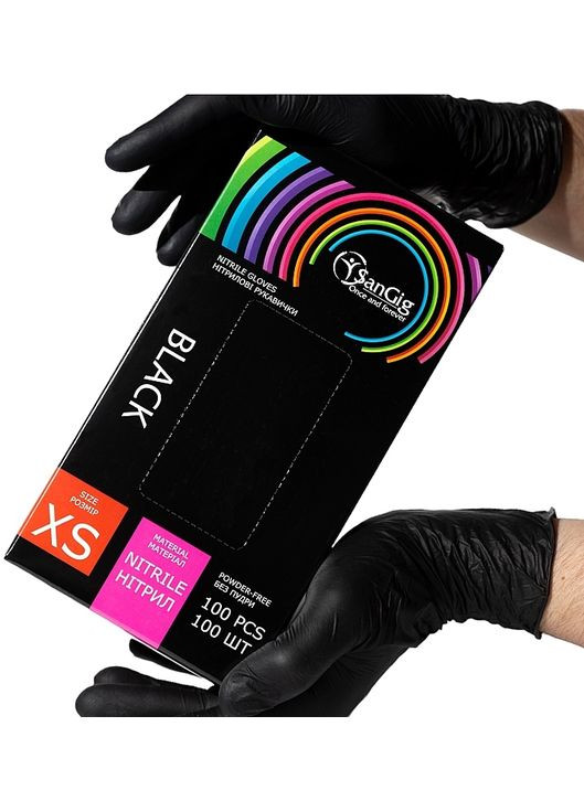 Рукавички нітрилові нестерильні, чорні, розмір XS 100шт (1439939-27062186) SanGig (368639233)