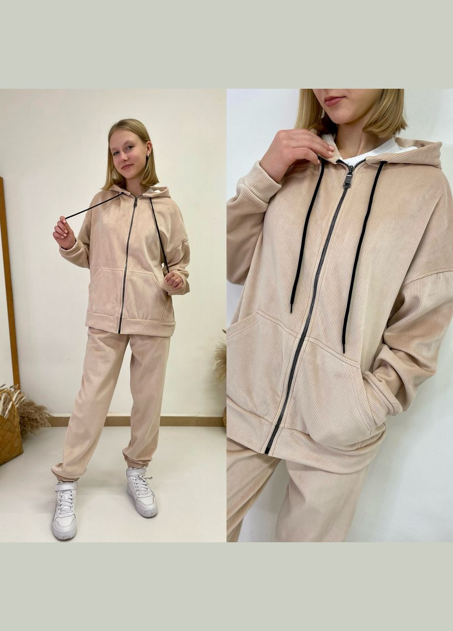 Бежевий зимній спортивний костюм дитячий теплий велюровий рубчик на дівчинку No Brand