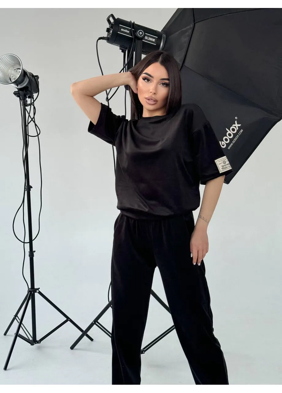 Костюм жіночий велюровий штани+футболка чорного кольору 37332 Fashion (384530229)