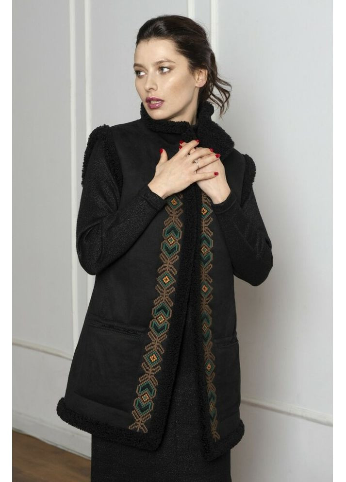 Жіночий кожух етно з екодубляжу з вишивкою подовжений MKSMV141-915 Seam (367189344)