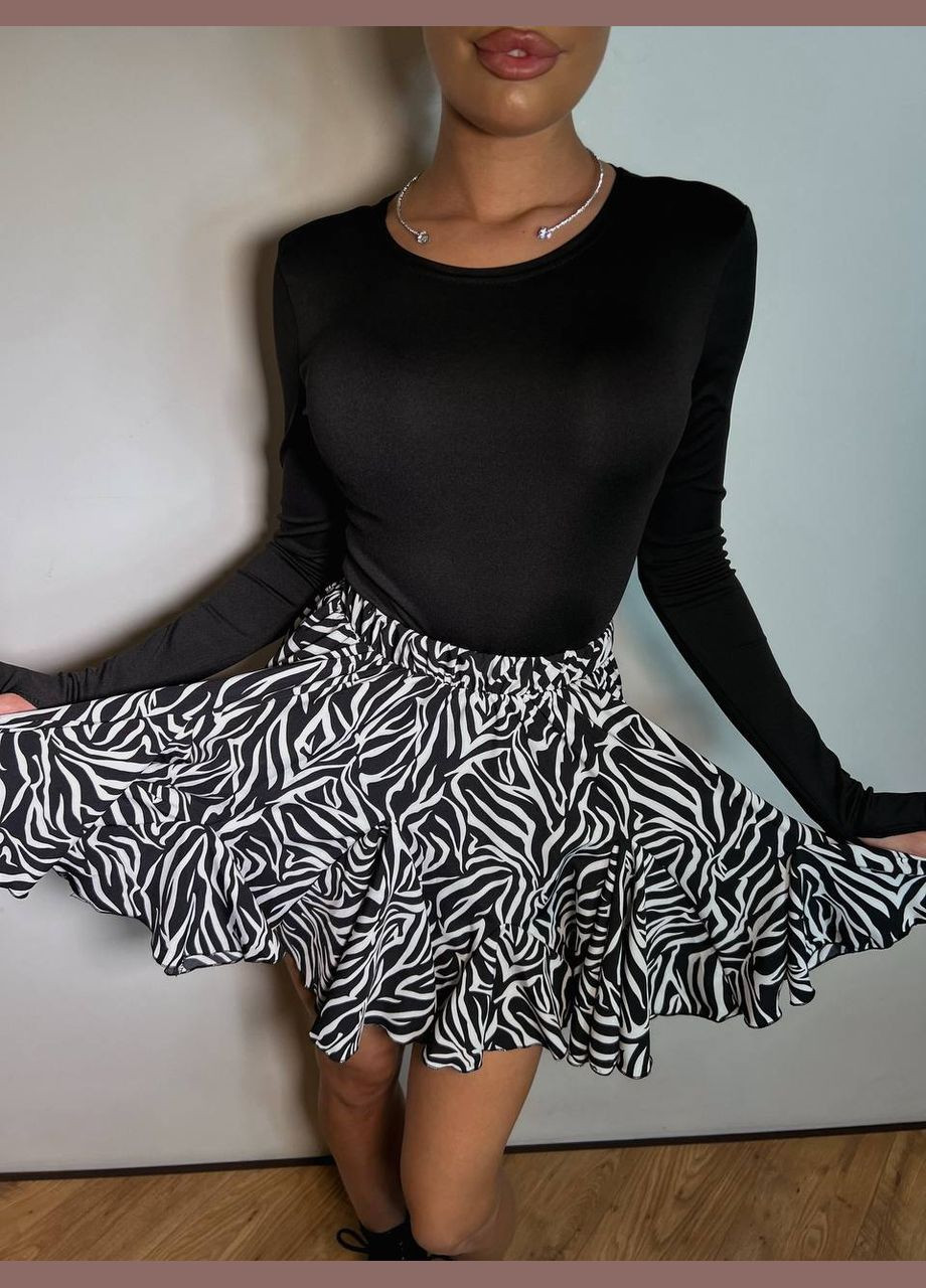 Черная повседневная зебра женская юбка мини с шортами Україна клешированная-солнце