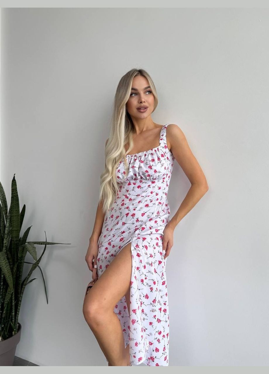 Молочна жіноче літня сукня в квітку молочного кольору 33498 а-силует No Brand з квітковим принтом