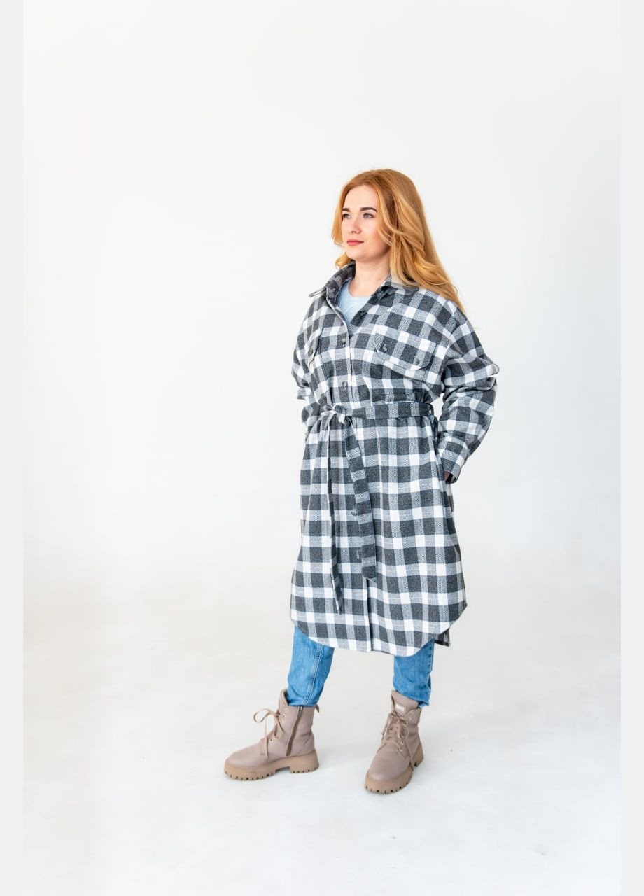 Черно-белое демисезонное Черно-белое теплое демисезонное удлиненное клетчатое женское пальто-рубашка оверсайз в клетку с поясом с карманами на пуговицах пальто-рубашка No Brand