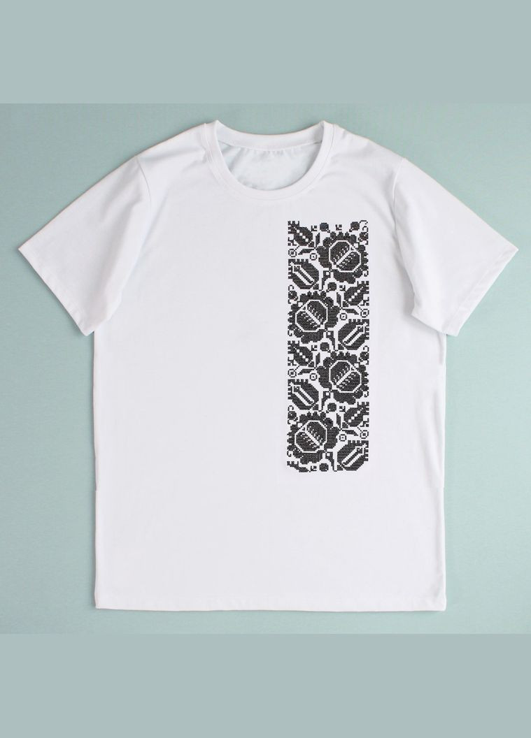 Белая вышитая мужская футболка белая с черным растительным узором. Ladan