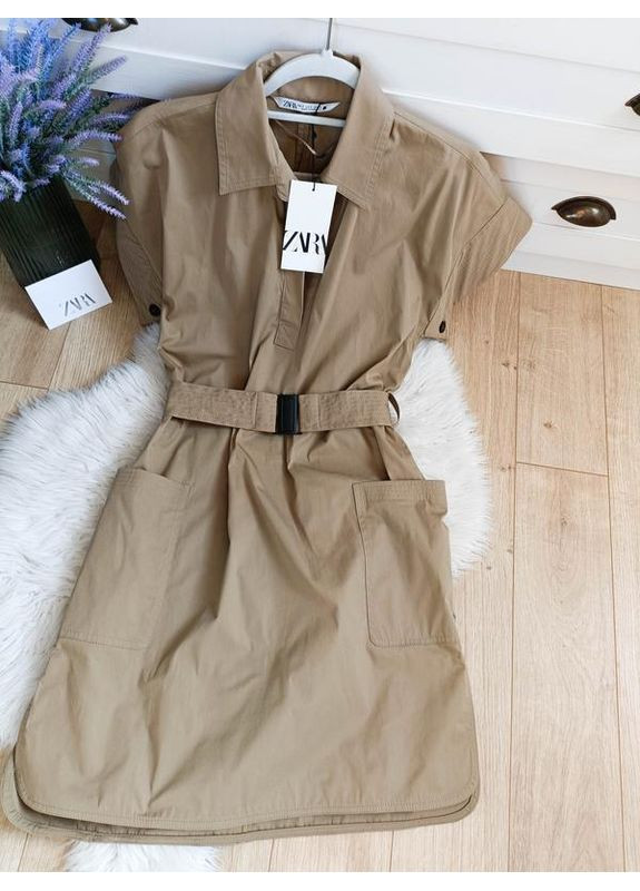 Бежевое короткое платье-рубашка с ремнём Zara