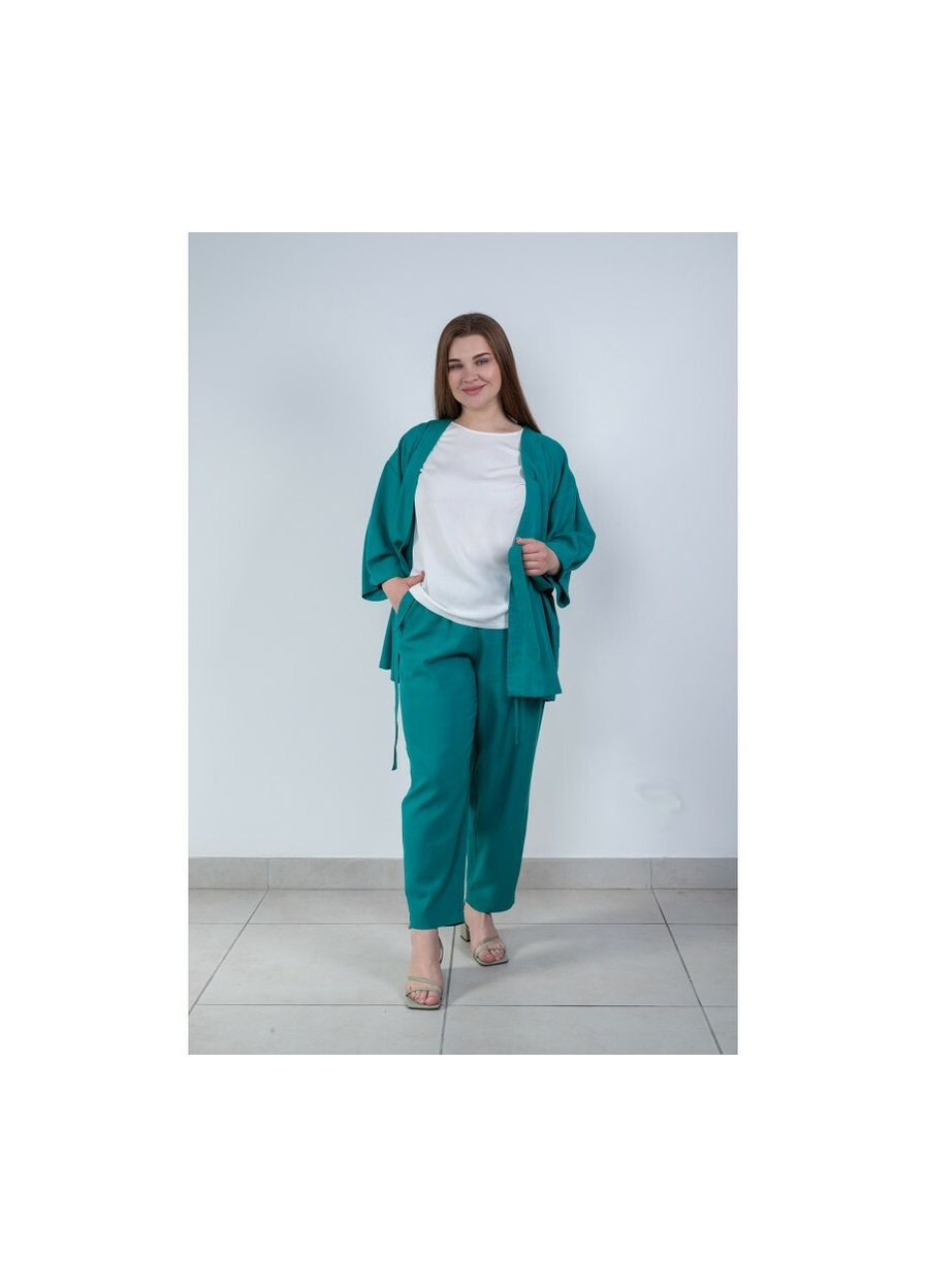 Комбинированная кимоно изумрудное льняное женское mkln1701-2, Modna KAZKA