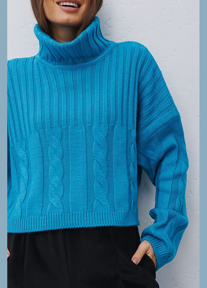 Бирюзовый укороченный вязаный свитер бирюзовый с косичками Arjen