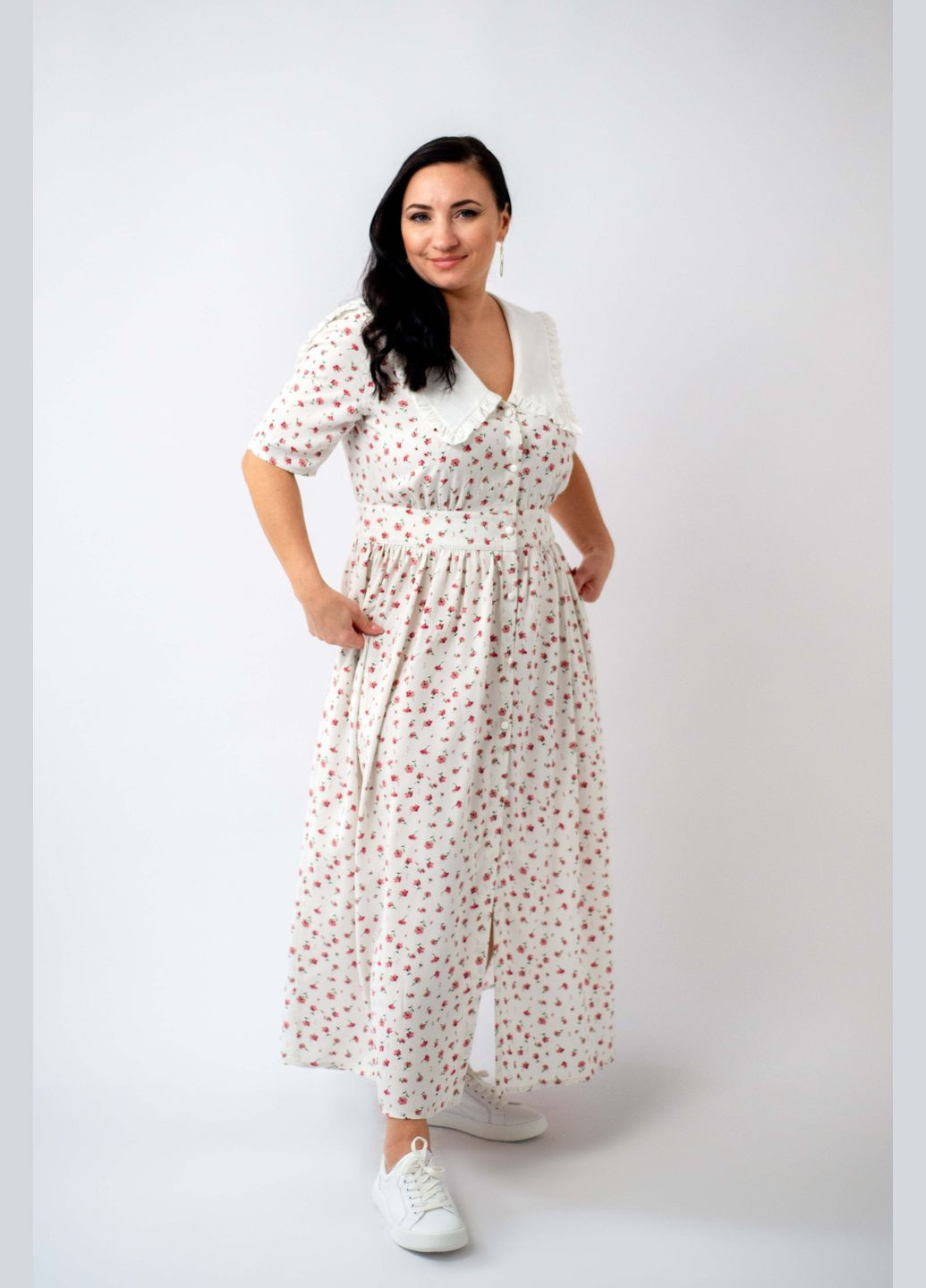 Белое повседневный, кэжуал платье миди клеш, колокол BeART с цветочным принтом