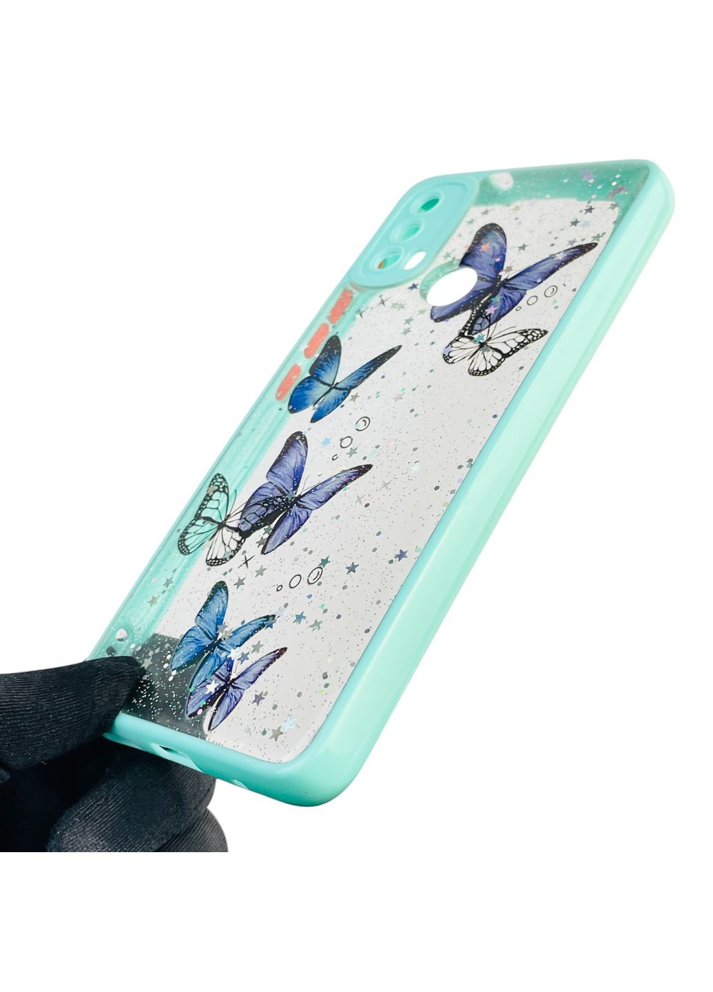 Чохол для Moto E40 з блискітками з метеликами на моторола е40 бірюзовий Motorola (366387528)