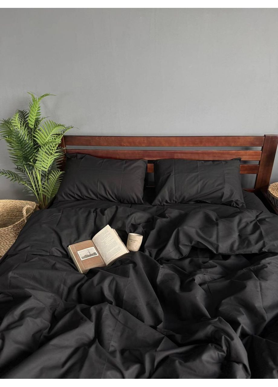 Постільна білизна бавовняна Однотонна Двоспальна Простирадло на гумці 160x200х20 Бязь Чорна 70 х 70 No Brand (352200439)