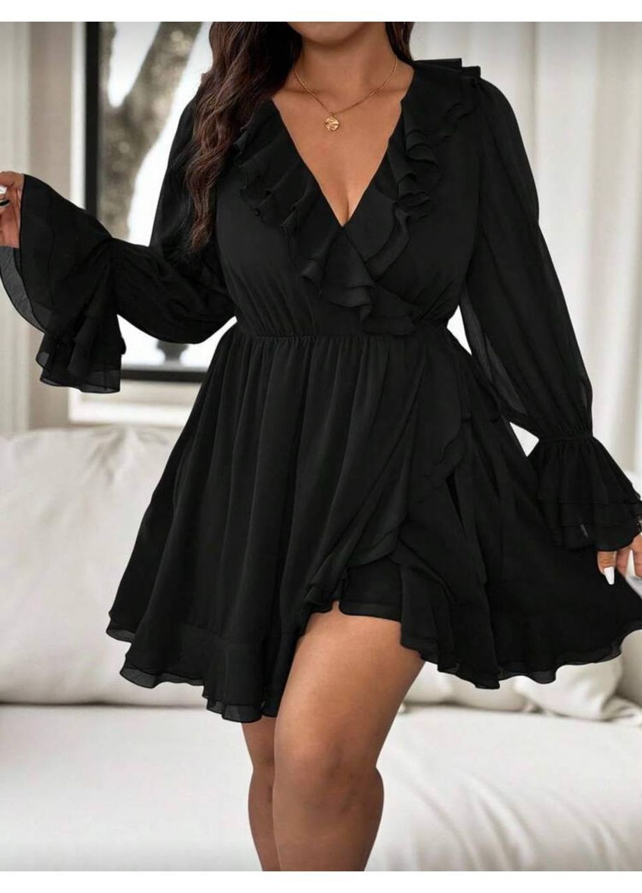 Чорна святковий, повсякденний, кежуал жіноча сукня з воланами на запах Style Point однотонна