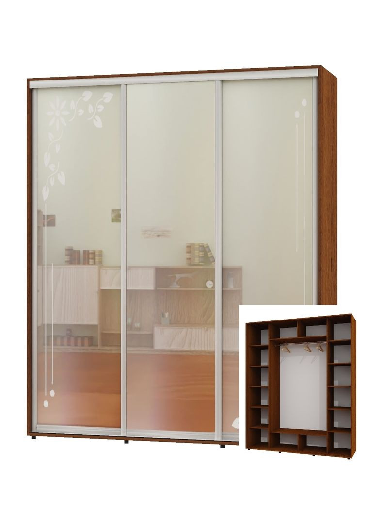 Шафа-купе тридверна 180*60*240 Горіх лісовий 2 Дзеркала з піскострумним малюнком/Дзеркало ШК-05 Алекса (360437792)