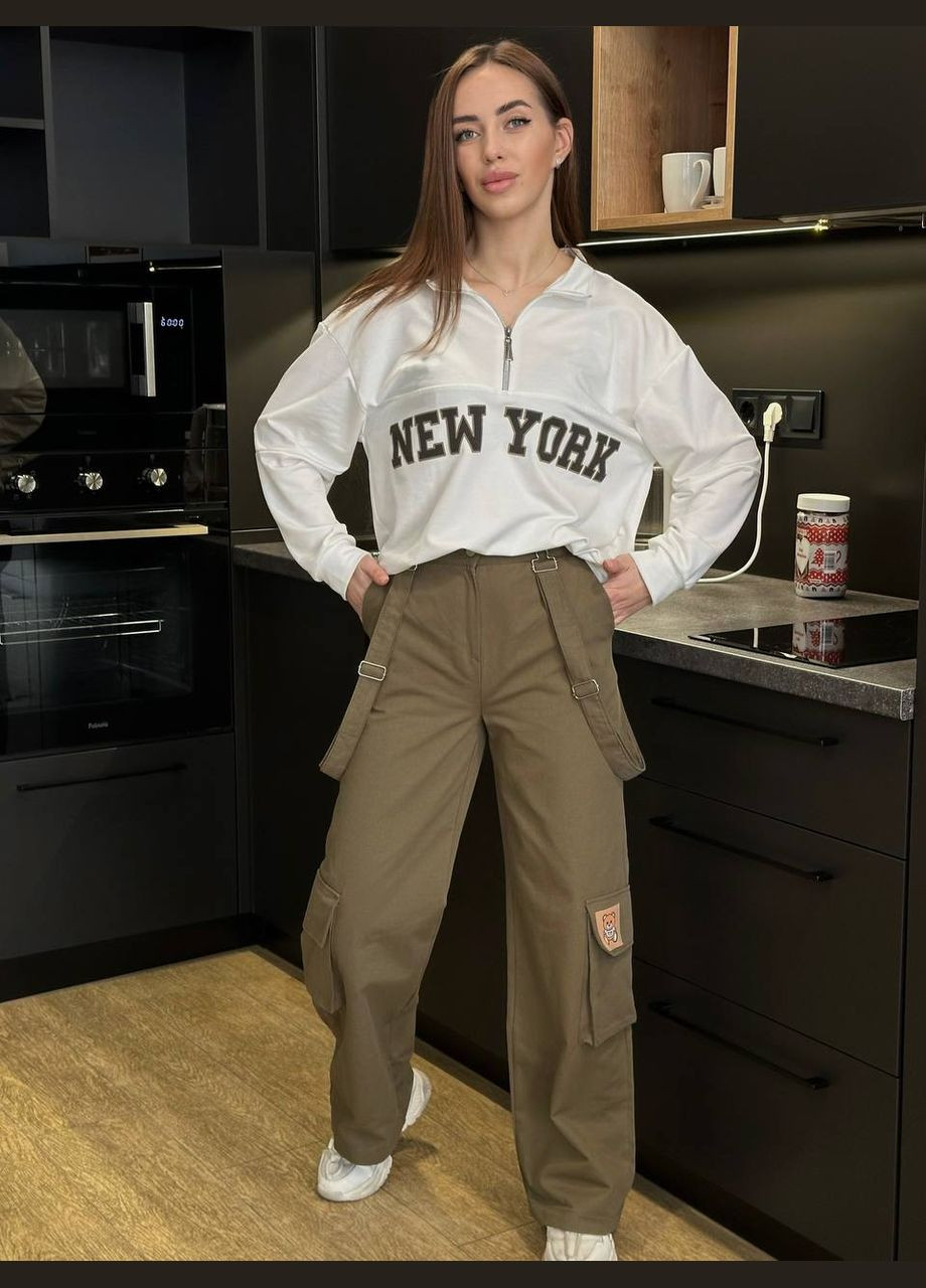 Женский стильный качественный костюм комплект белый свитшот new york с коричневыми брюками. No Brand костюм (285119894)