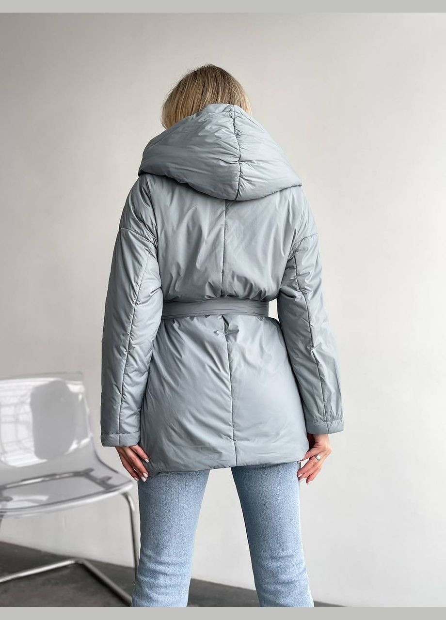Сіра женская теплая куртка под пояс цвет графит р.46/48 450137 New Trend