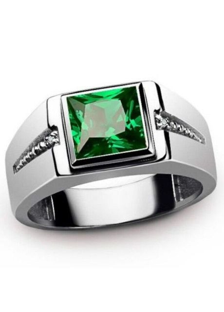 Мужское перстень печатка с фианитами и зеленым камнем, винтажное мужское кольцо, размер 22 Fashion Jewelry (285110779)