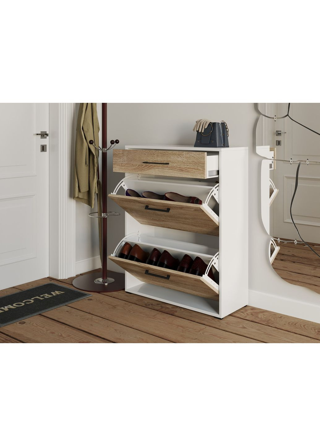 Тумба для обуви в прихожую на 2 ячейки и ящик MT-207 700*920*280 белый/дуб сонома No Brand (358928152)