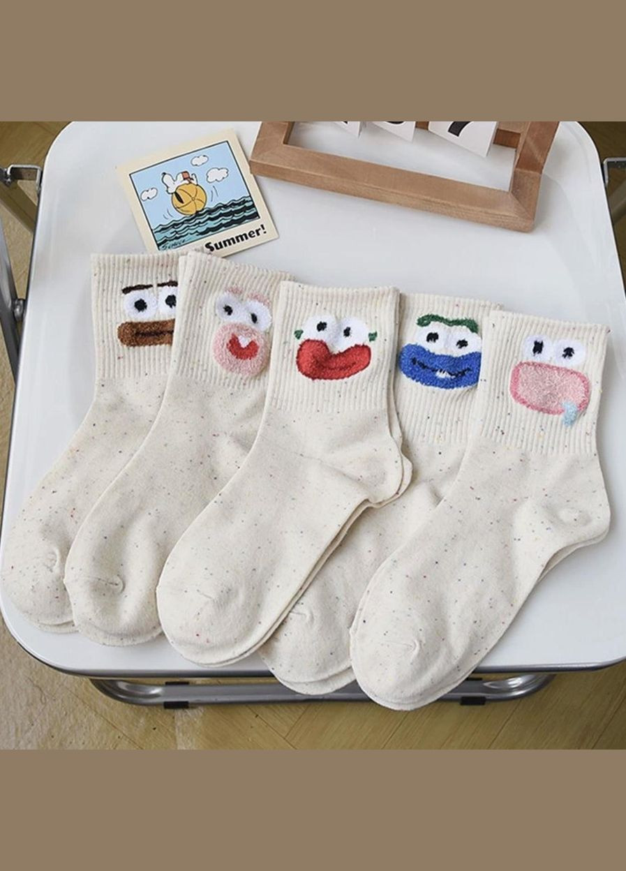 Бежевые носки женские, высокие с рисунками рожицы, хлопчатобумажные 35-40р. набор 5 шт. (336386167)