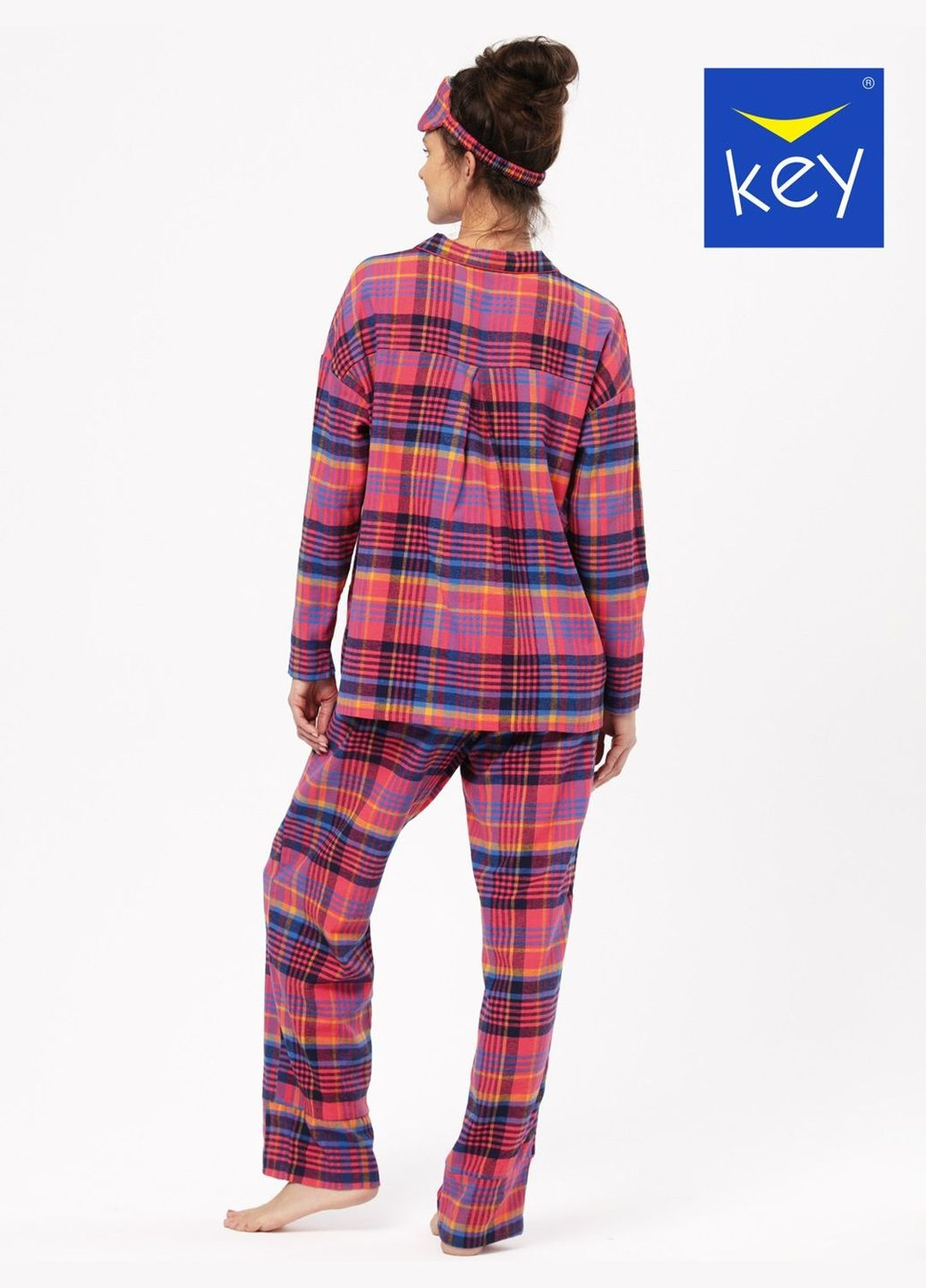 Розовая зимняя женская теплая фланелевая пижама рубашка + брюки Key