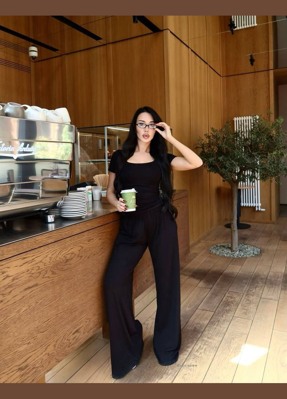 Черный летний женский комплект из топа и брюк свободного кроя. Avanti