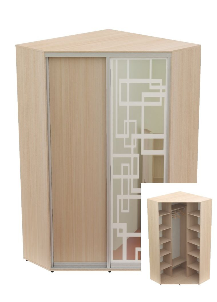 Шкаф-купе двухдверный угловой 150*150*220 Дуб молочный ДСП/Зеркало с пескоструйным рисунком Угол-5 Алекса (360473536)