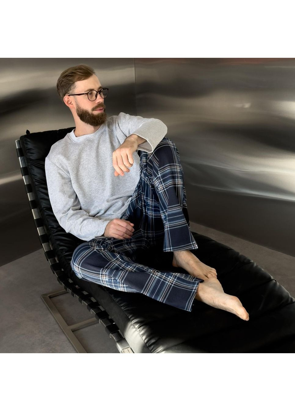 Піжама (кофта+штани) чоловіча тепла Трикотаж синьо-сіра клітинка Скандинавія NEW KMW06/3 Cosy (371646057)