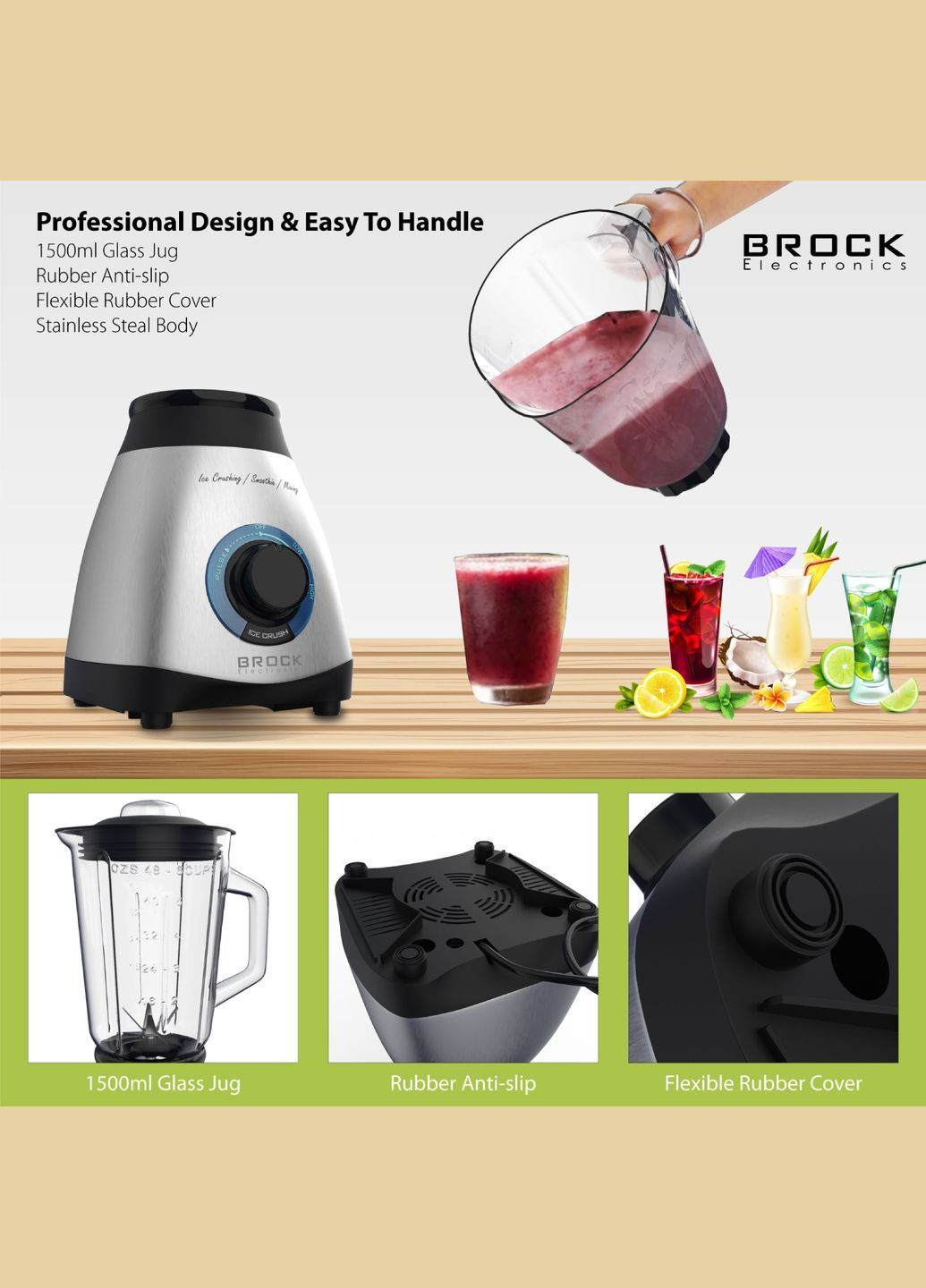 Блендер BL 1502 SS стационарный 500Вт/ стеклянная чаша 1,5л/ PULSE/ 2 быстр./дробление льда/металл BROCK (314748563)