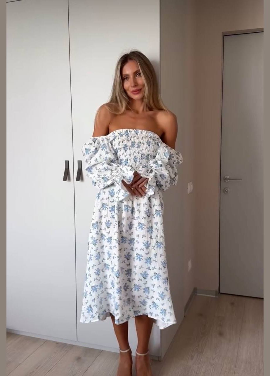 Голубое повседневный, праздничный женское муслиновое платье Avanti с цветочным принтом