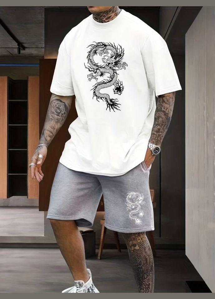Комбинированная мужская белая удобная оверсайз футболка с модным принтом. No Brand