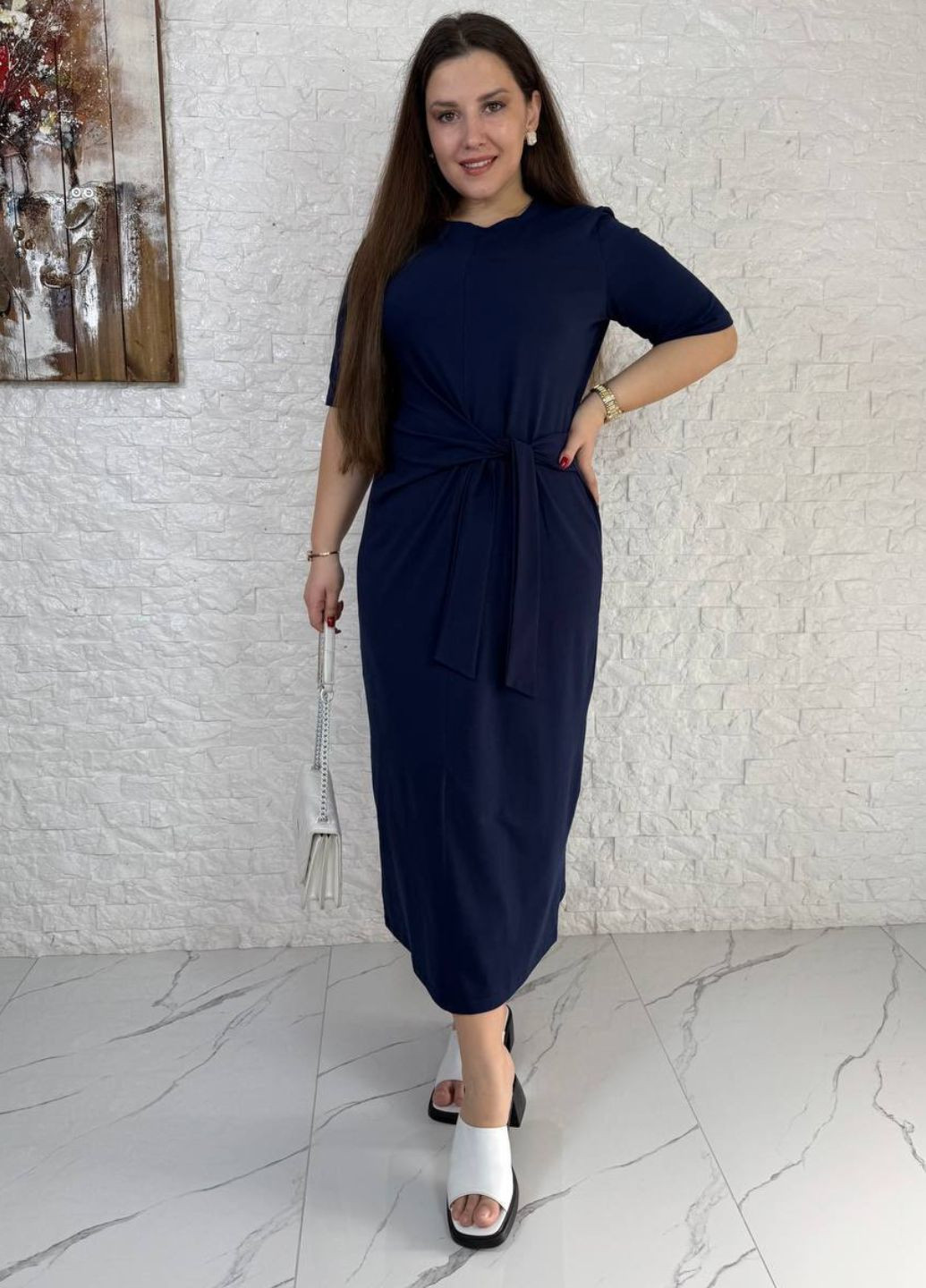 Синя повсякденний довга сукня з імітацією пояса сукня-футболка Україна однотонна