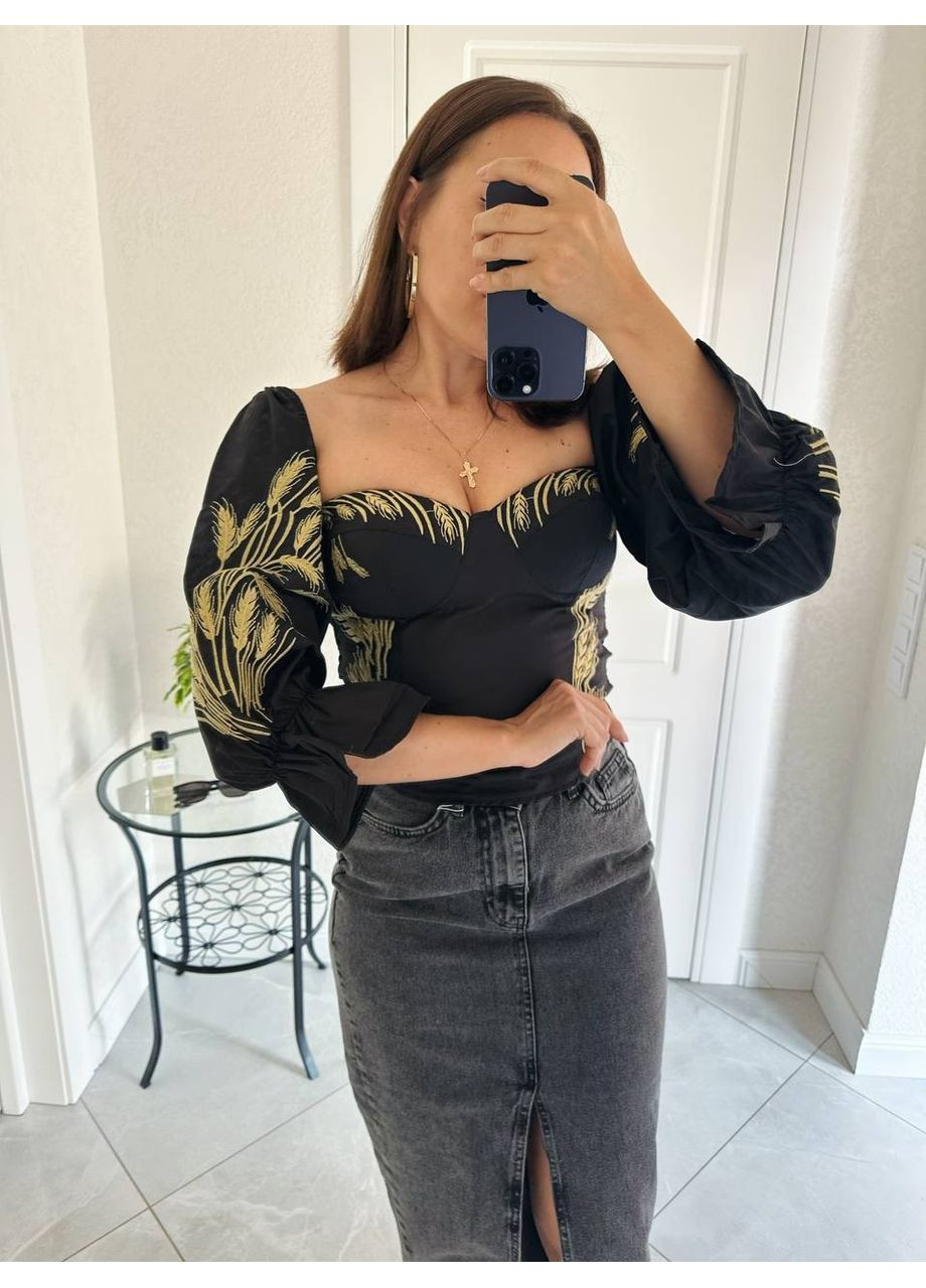 Чорна блуза-корсет,з пишними рукавами та вишивкою,бавовна Україна