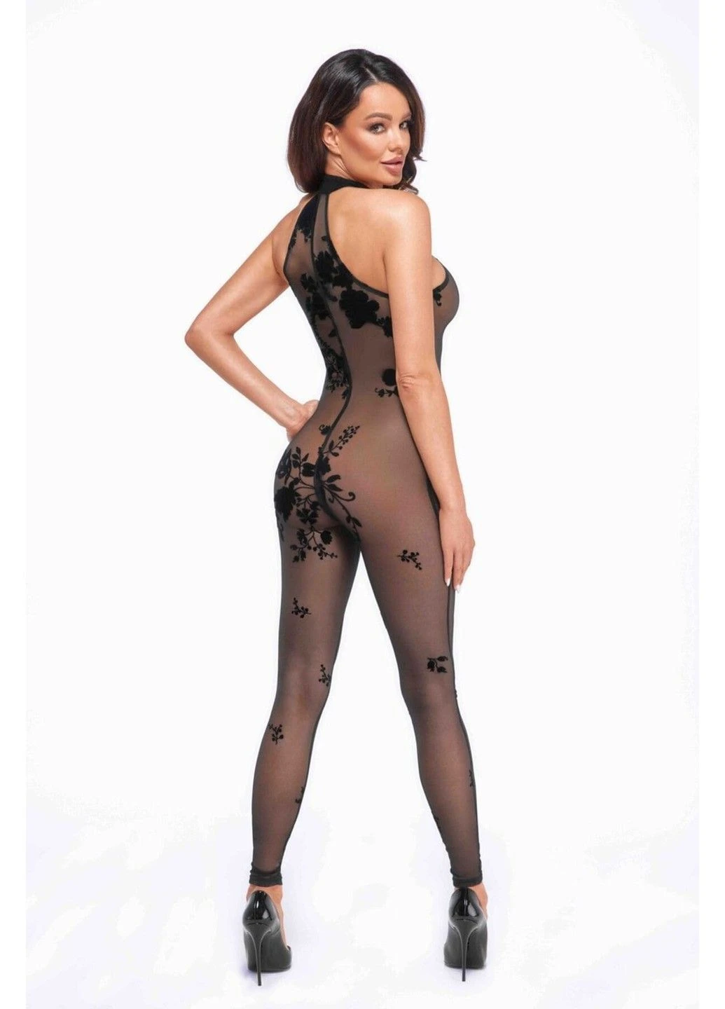 Прозорий бодістокінг F315 Ego flocked mesh halter catsuit Noir Handmade (311510316)