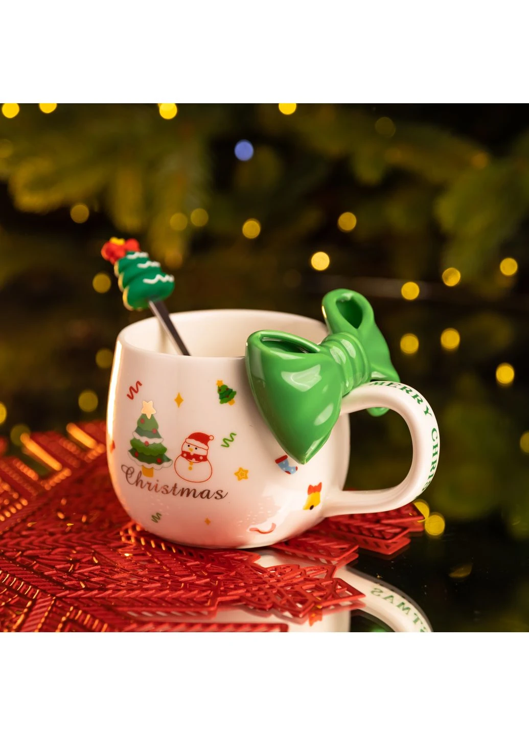 Чашка порцелянова Christmas Ribbon 400 мл з ложкою, зелений Yiwu (377753035)